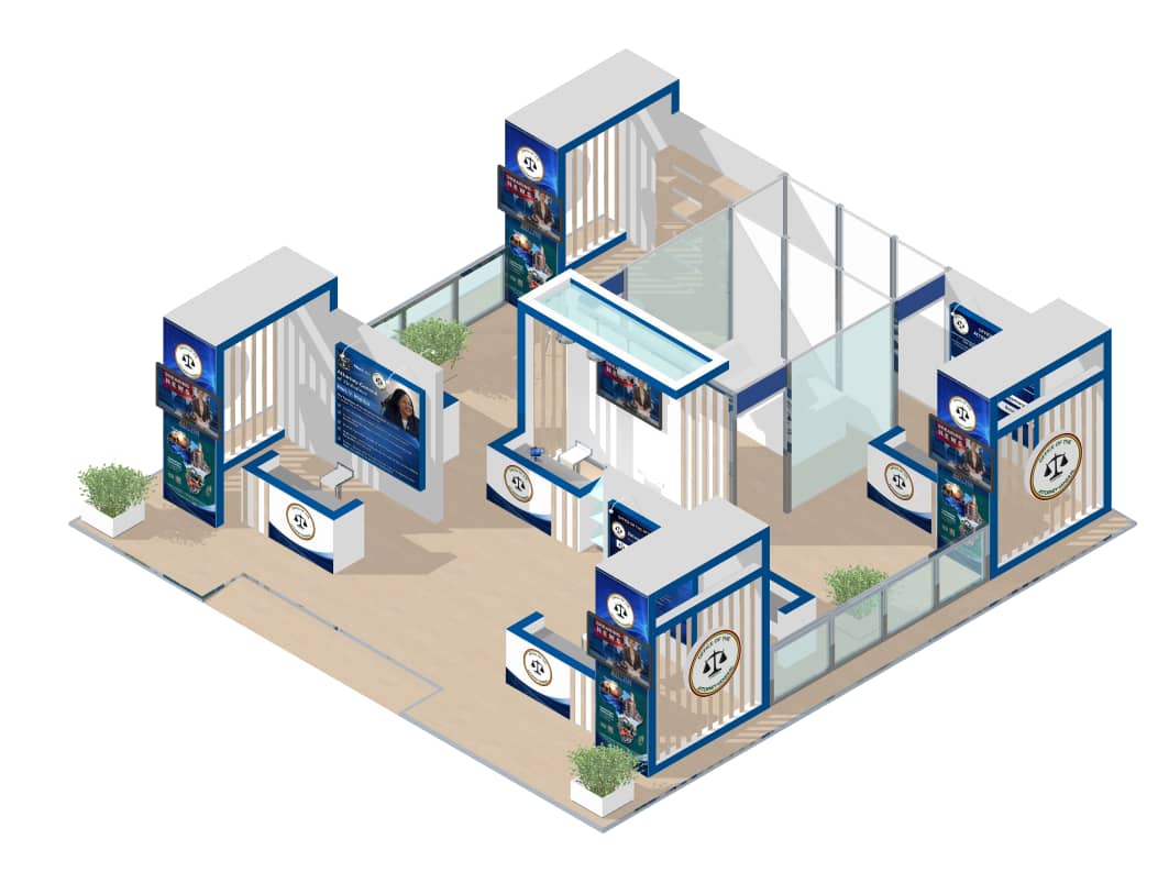 Judicial Service Commission exhibition stand with counters, towers, signage and glass partitions