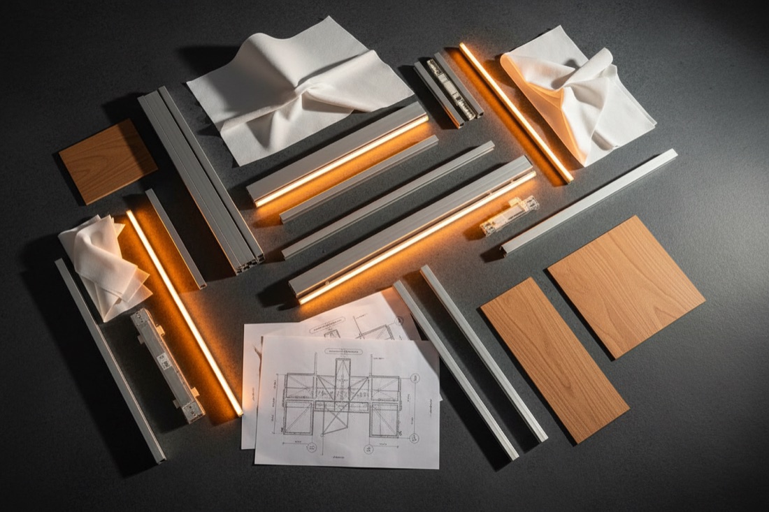 Exhibition stand materials — aluminium profiles, LED strips, fabric and timber with a build blueprint