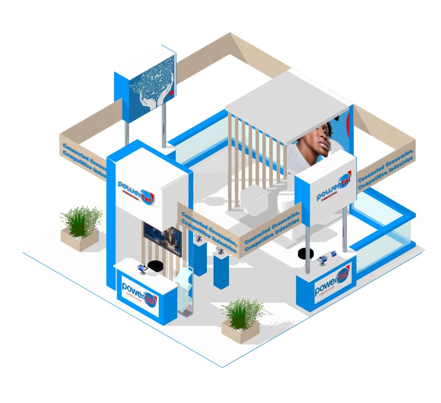 PowerTel exhibition stand with blue and white brand panels, canopy and demo counters