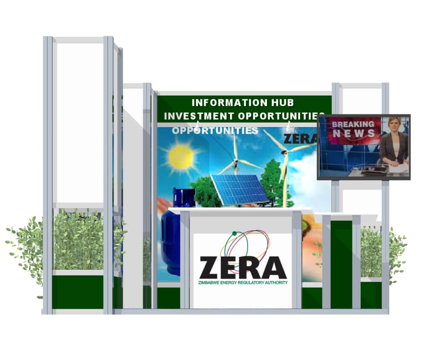 ZERA information hub exhibition stand with renewable energy graphics and display screen